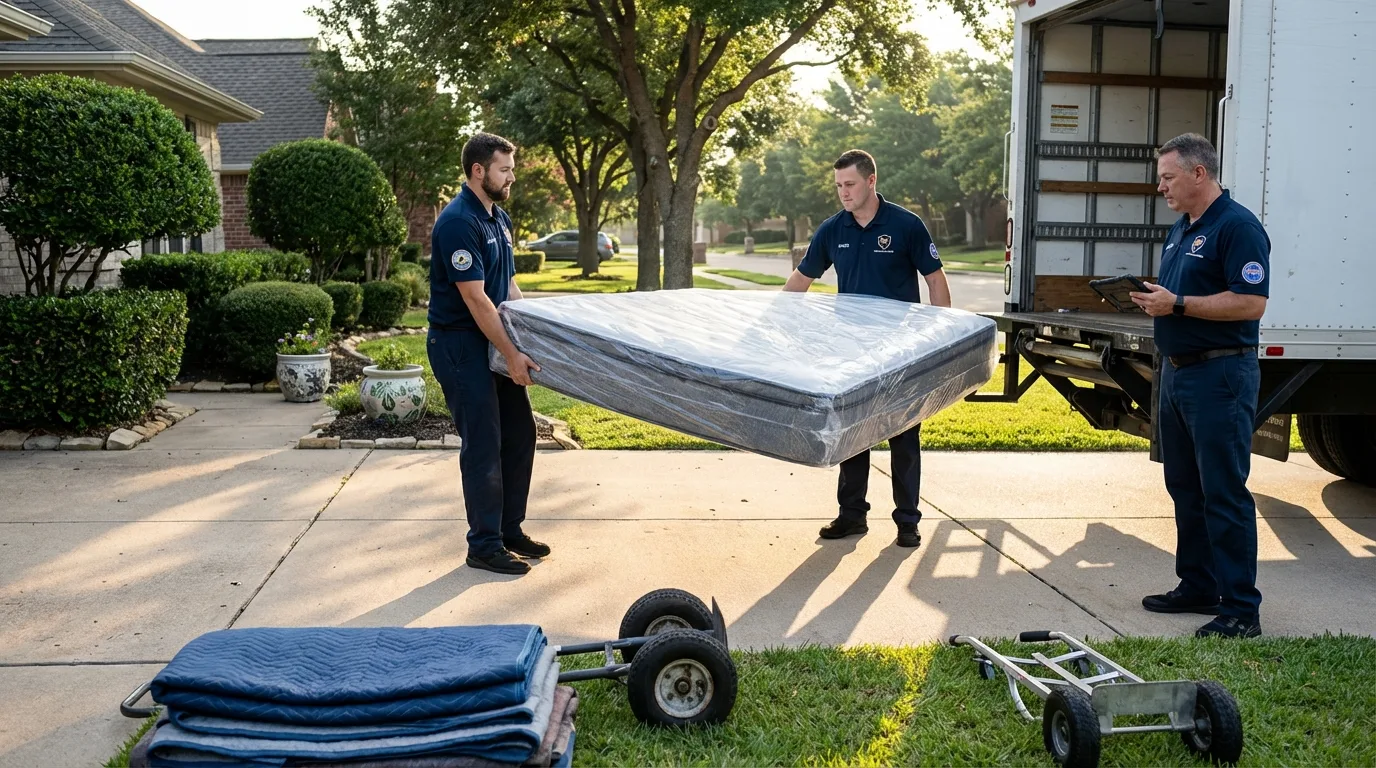 CamelBack crew loading padded residential furniture into moving truck on suburban driveway in Kansas